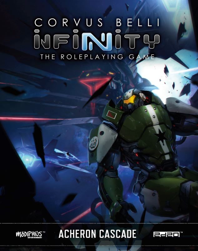 Infinity RPG Acheron Cascade Campaign Book cover: Green armored mech turns in a chaotic sci-fi battle with flying debris and a futuristic jet