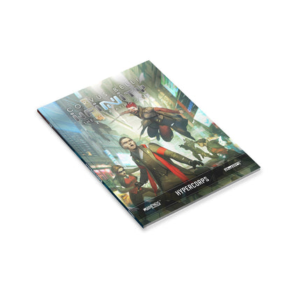 Angled Corvus Belli Infinity Hypercorps RPG rulebook. Cover shows sci-fi characters in a neon city, one flying