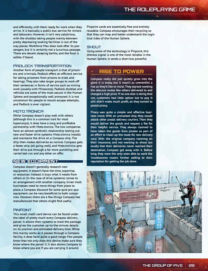 Sci-fi illustration: Armed characters on wet, futuristic city streets. A tall building shows 'Interspace Trust Corporation'