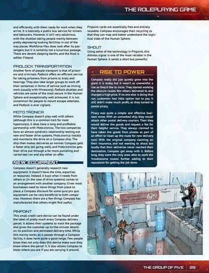 Sci-fi illustration: Armed characters on wet, futuristic city streets. A tall building shows 'Interspace Trust Corporation'