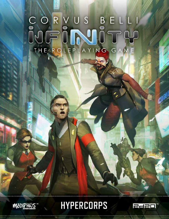 Infinity RPG cover: A red-haired woman with a blade attacks surprised people in a futuristic city scene