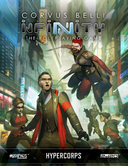 Infinity RPG cover: A red-haired woman with a blade attacks surprised people in a futuristic city scene