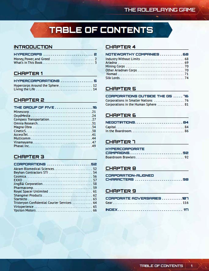 Table of Contents for The Roleplaying Game, listing chapters on hypercorps, corporations, and campaigns