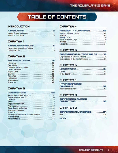 Table of Contents for The Roleplaying Game, listing chapters on hypercorps, corporations, and campaigns