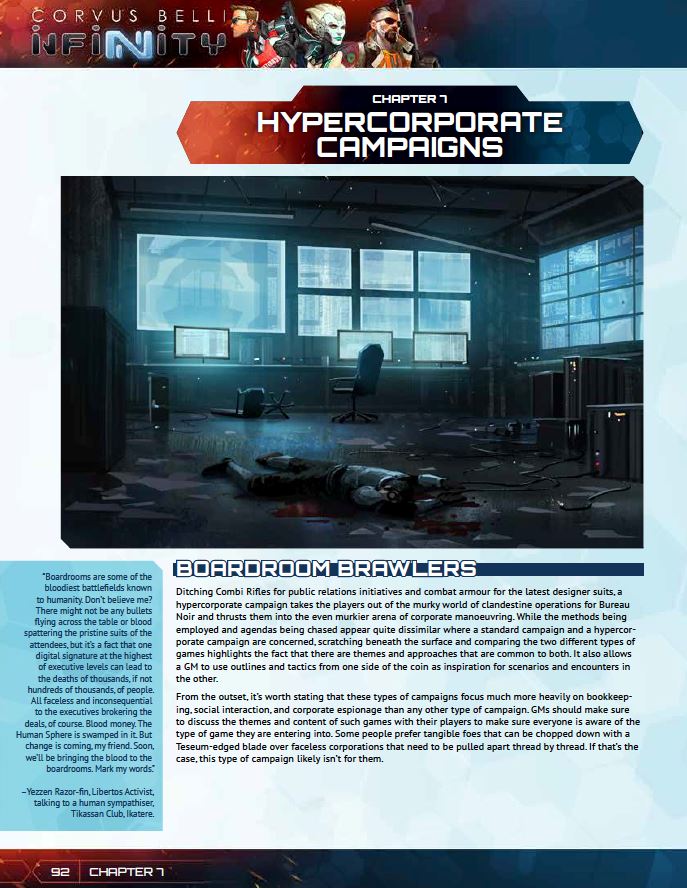 A fallen person lies amidst blood and debris on the floor of a futuristic corporate office with glowing data screens