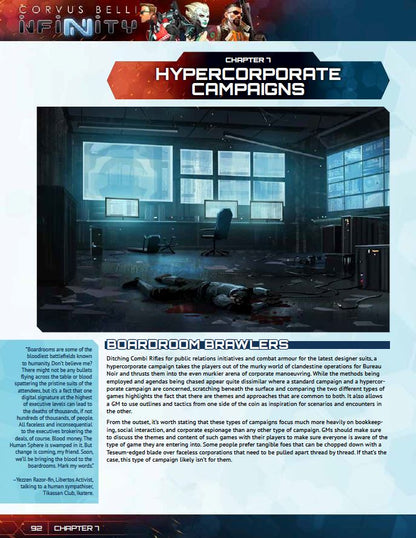 A fallen person lies amidst blood and debris on the floor of a futuristic corporate office with glowing data screens