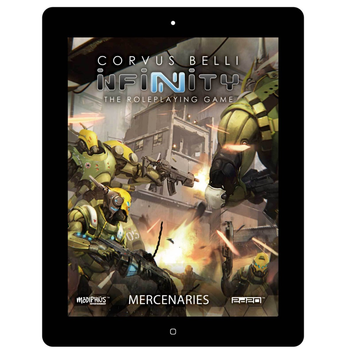 Infinity RPG War Market: The Mercenaries Sourcebook cover, showing armored futuristic soldiers in a battle with explosions
