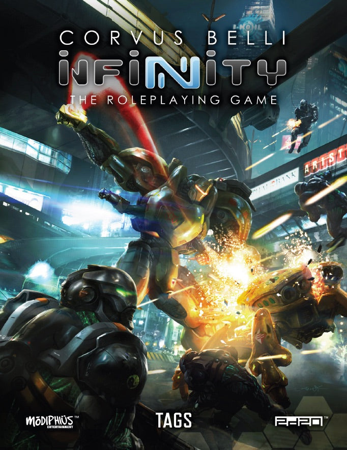 Infinity RPG Tactical Armoured Gears Book cover: Armored soldiers and mechs battle in a futuristic city, a main figure fires a bright red beam