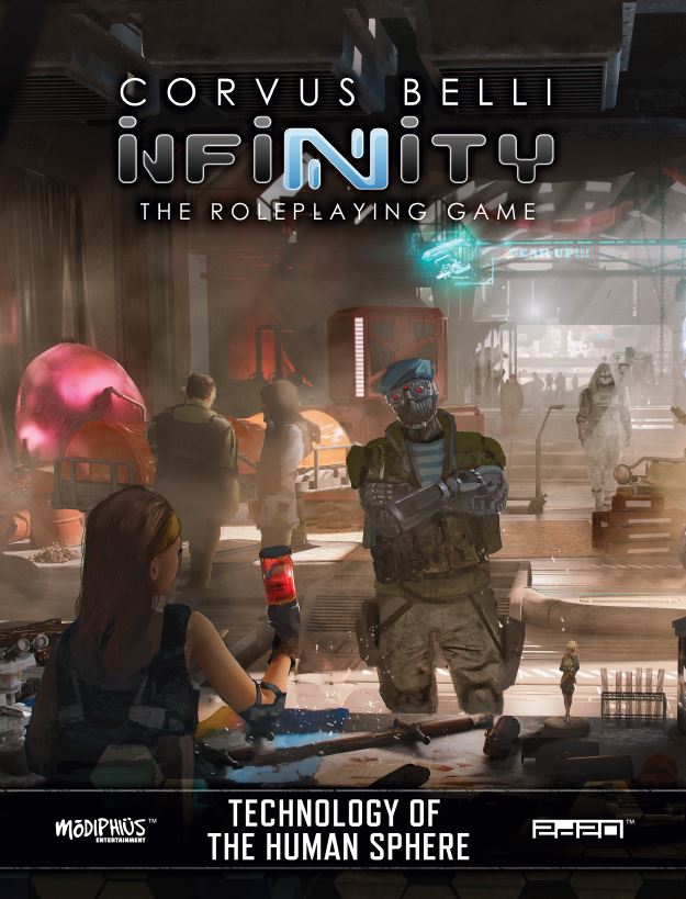 Infinity RPG Technology of the Human Sphere Sourcebook cover: A woman with red hair works at a glowing tech bench, a masked cyborg stands in a bustling sci-fi lab