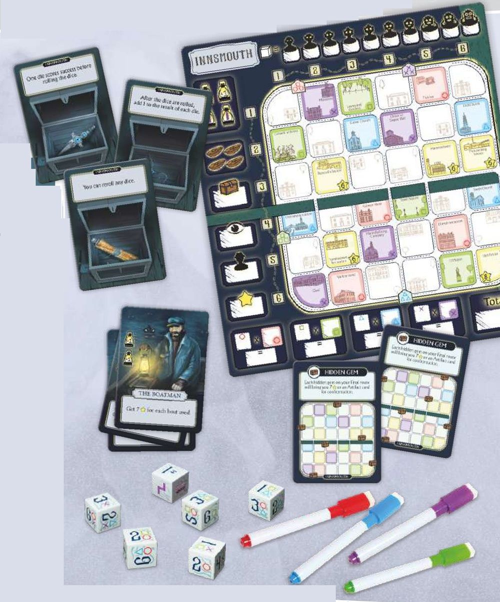 Innsmouth board game spread: main map, custom dice, character cards (The Boatman), and colored dry-erase markers