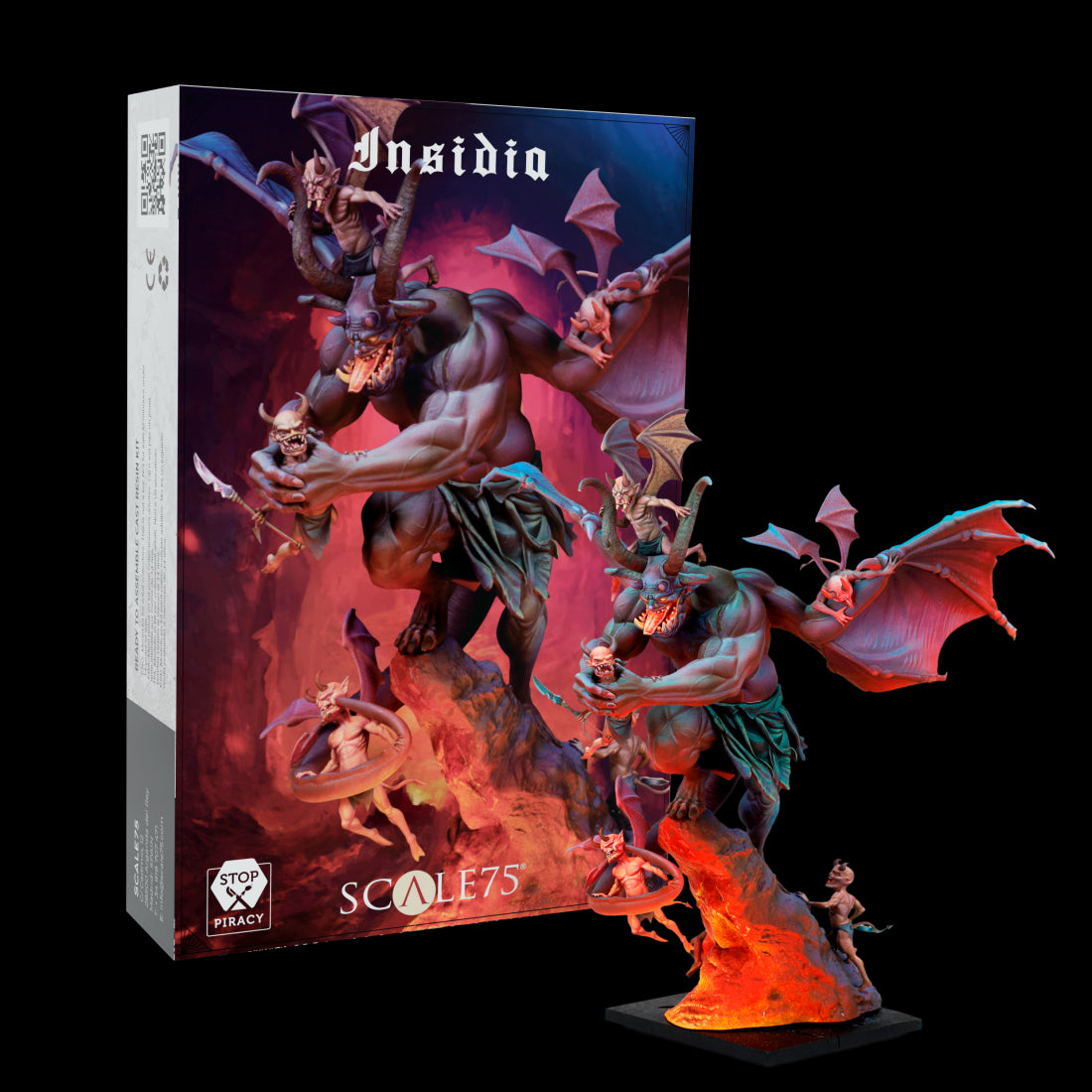 A detailed miniature of a winged, horned demon holding skulls, surrounded by imps on a fiery base, with its product box.