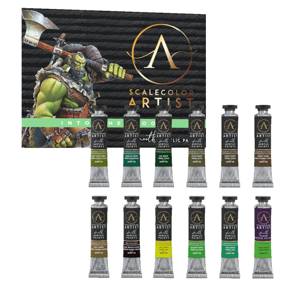 The Scale 75 Scalecolor Artist Into The Woods 12-piece heavy body acrylic paint set with its orc-illustrated box and twelve green, brown, and purple paint tubes