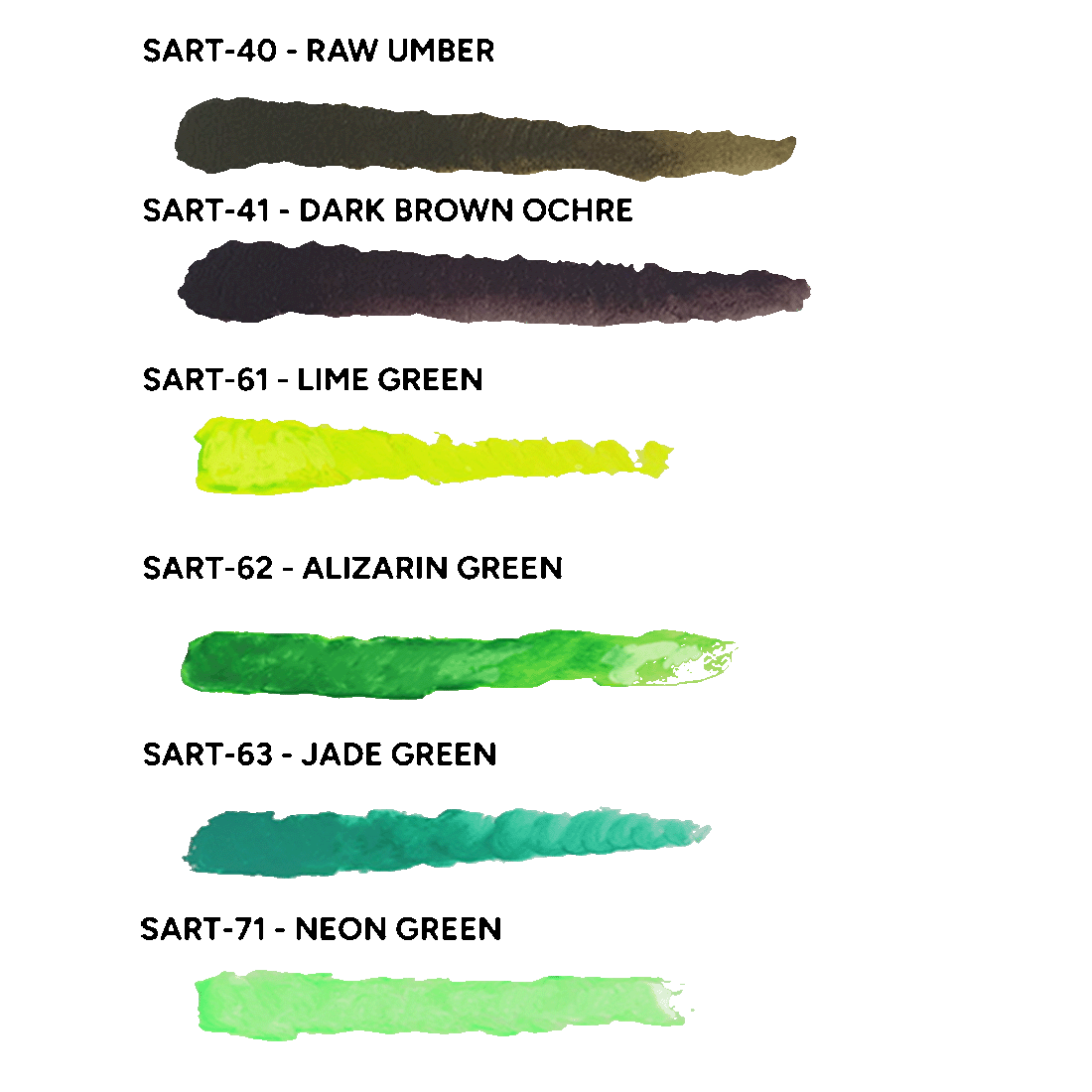 Six horizontal swatches display colors from the Scale 75 Scalecolor Artist Aclylics Heavy Body Paint Into The Woods set including Raw Umber Dark Brown Ochre Lime Alizarin Jade and Neon greens