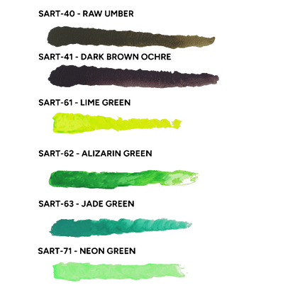 Six horizontal swatches display colors from the Scale 75 Scalecolor Artist Aclylics Heavy Body Paint Into The Woods set including Raw Umber Dark Brown Ochre Lime Alizarin Jade and Neon greens