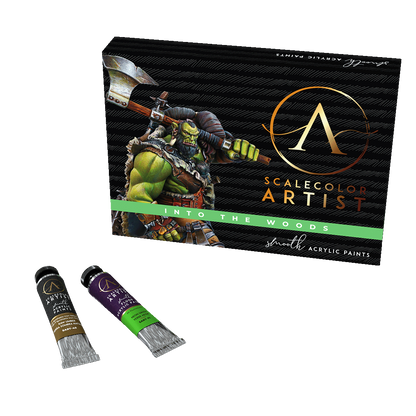 Scale 75 Scalecolor Artist Acrylics Heavy Body Paint 12-Piece Set Into The Woods box features a green orc and axe, with two brown and green paint tubes beside it