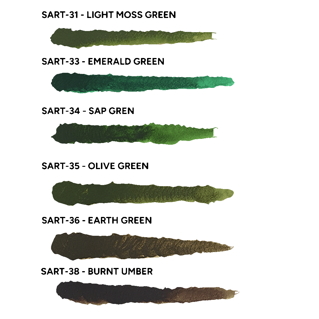 Color swatches for Scale 75 Scalecolor Artist Acrylics Heavy Body Paint Into The Woods set, featuring Light Moss, Emerald, Sap, Olive, Earth Green, and Burnt Umber shades