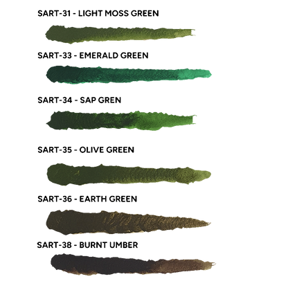Color swatches for Scale 75 Scalecolor Artist Acrylics Heavy Body Paint Into The Woods set, featuring Light Moss, Emerald, Sap, Olive, Earth Green, and Burnt Umber shades