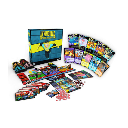 Invincible: The Hero-Building Game laid out, showing the box, character cards, tokens, and board components
