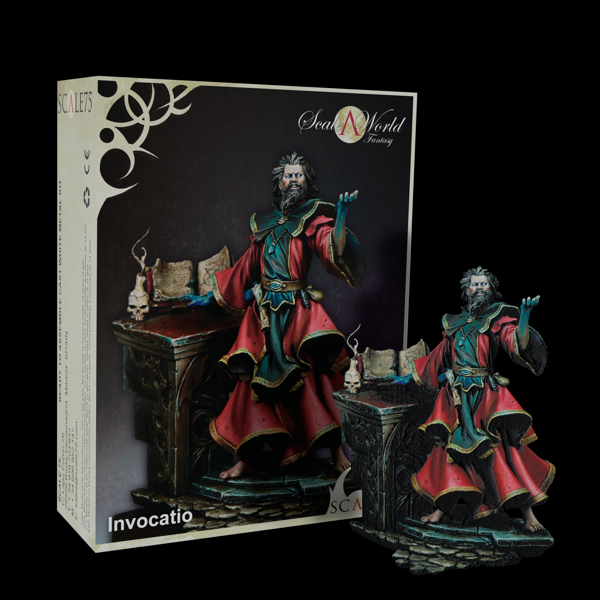 A painted wizard miniature in red and teal robes, raising a hand to invoke, displayed with its product box.
