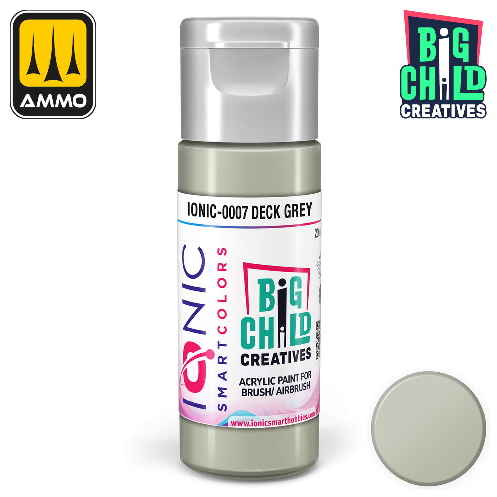 A bottle of IONIC Smart Colors "Deck Grey" acrylic model paint -  with a matching light grey color swatch