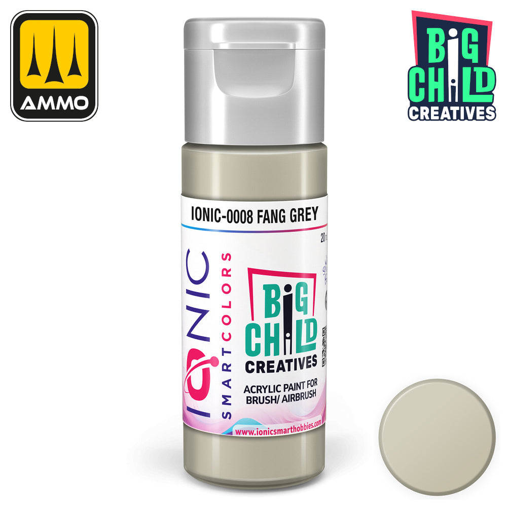 Bottle of IONIC Smart Colors Fang Grey acrylic paint for brush/airbrush -  with a color swatch