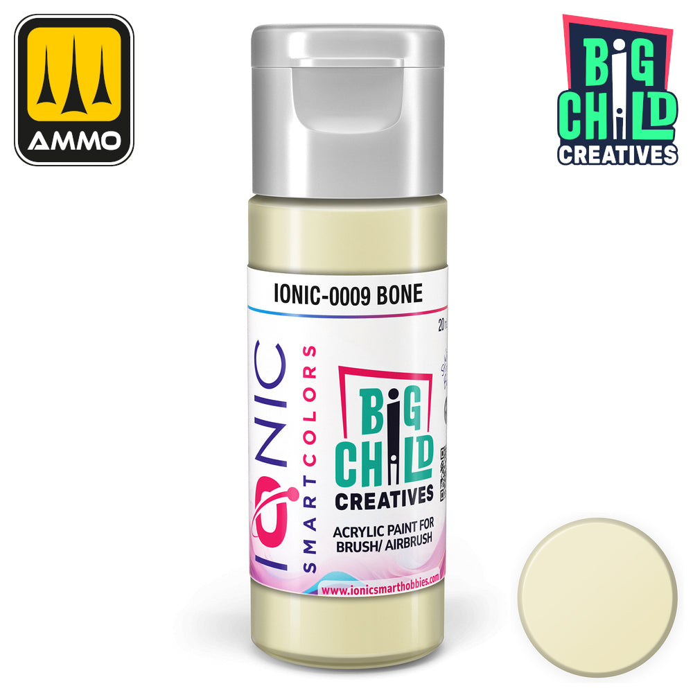 Bone-colored bottle of IONIC Smart Colors acrylic paint for brush/airbrush -  next to a matching color swatch