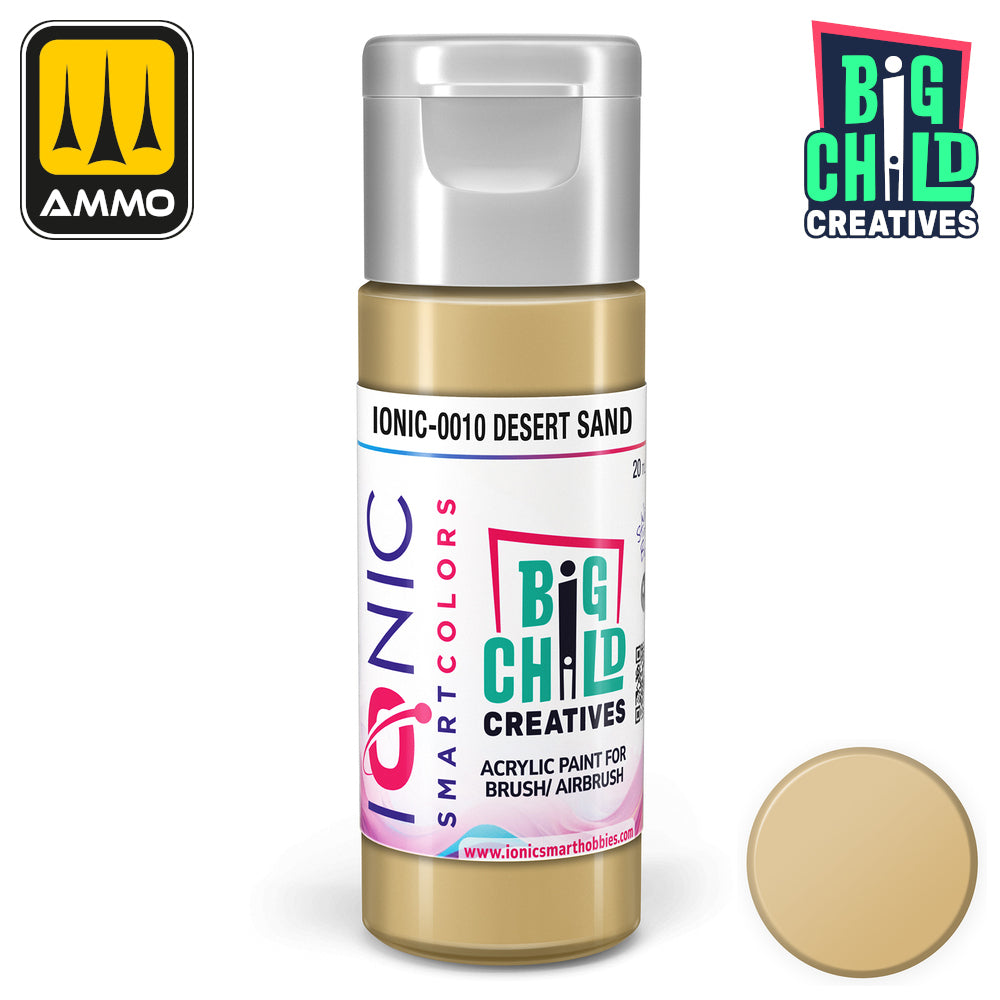 IONIC Smartcolors Desert Sand acrylic paint bottle with a silver cap -  shown with a matching tan color swatch