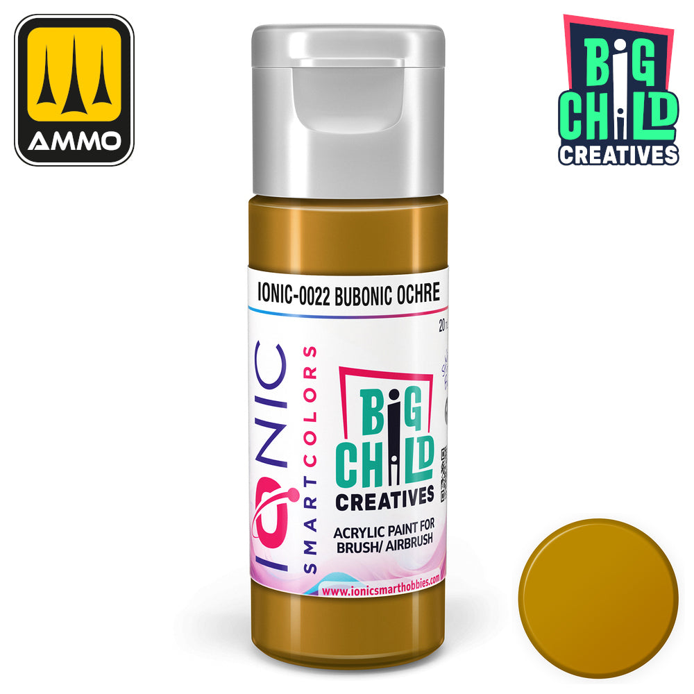 A bottle of Ionic Smartcolors "Bubonic Ochre" acrylic paint -  with a matching color swatch