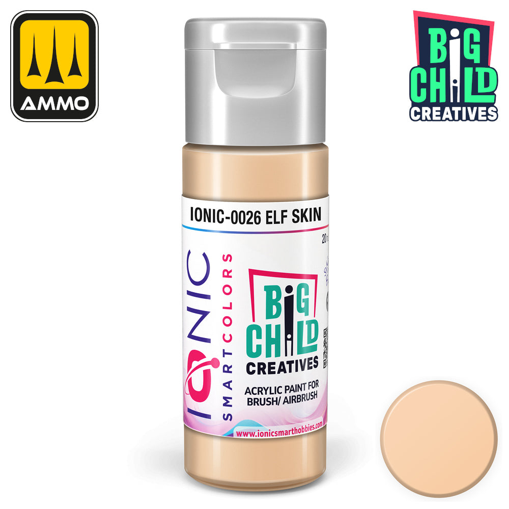Ionic Smart Colors 'Elf Skin' acrylic paint bottle (light peach) with swatch