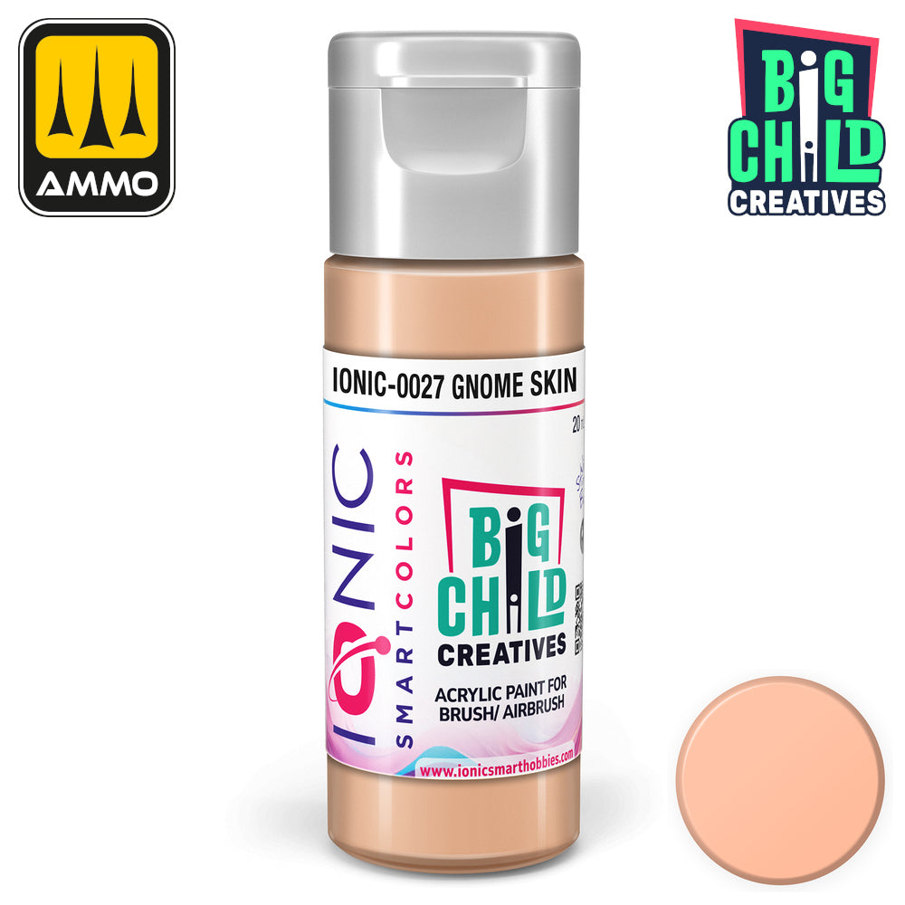 Light peach acrylic paint bottle -  'Gnome Skin' by Ionic Smart Colors -  with a matching color swatch