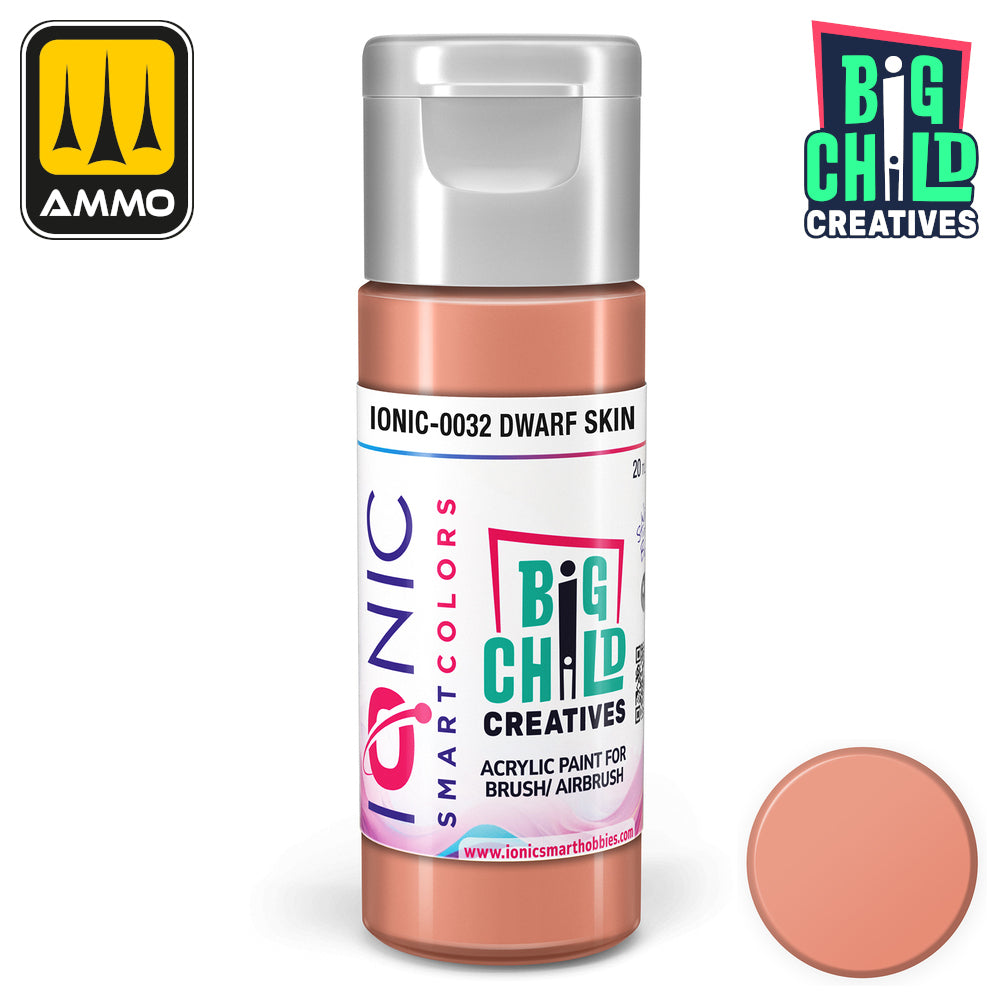 A peach acrylic model paint bottle -  labeled "Ionic Smartcolors Dwarf Skin - " with a matching circular color swatch