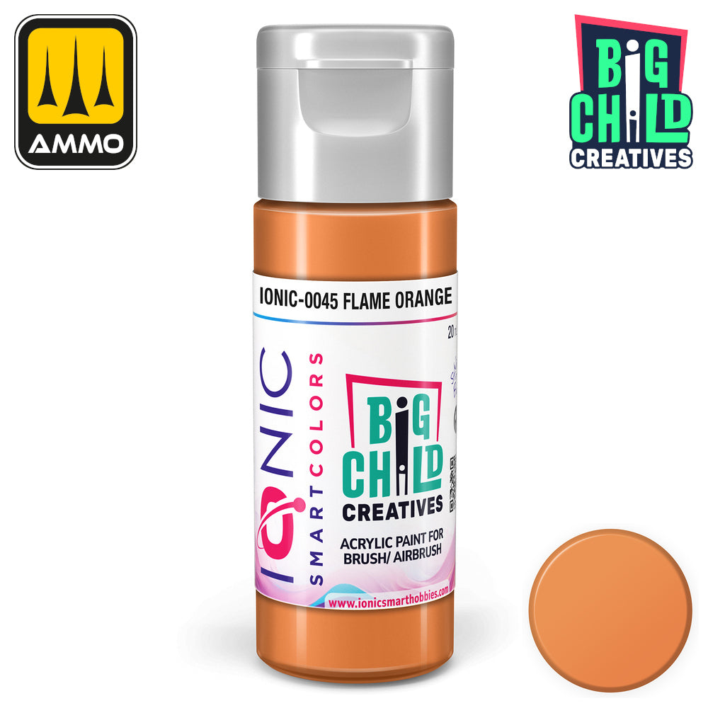 A bottle of IONIC Smart Colors Flame Orange acrylic paint with a matching color swatch