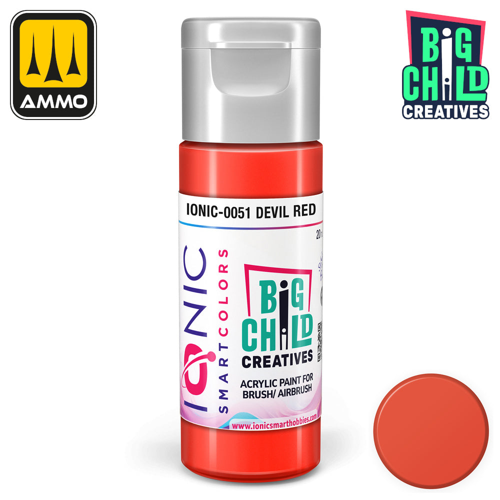 Red bottle of IONIC Smartcolors acrylic paint 'Devil Red' (IONIC-0051) -  with a matching color swatch