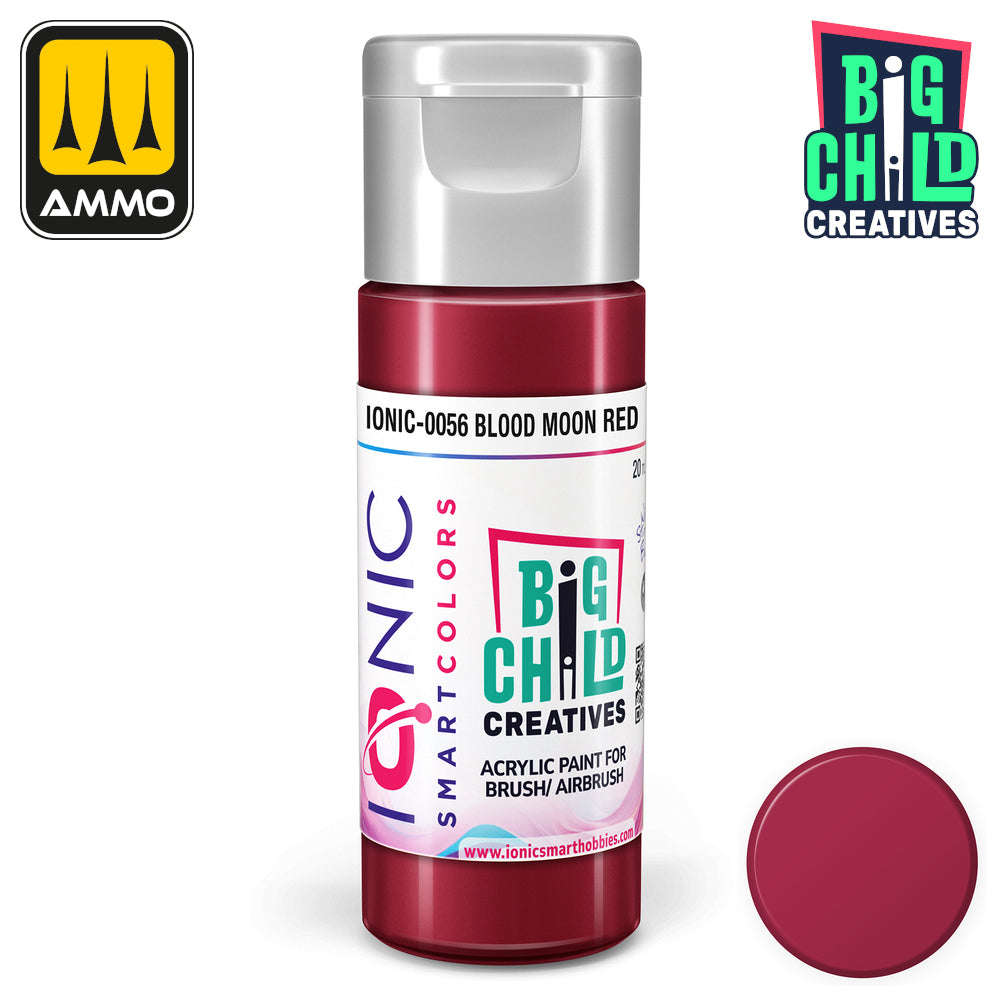 Deep red Ionic Smart Colors acrylic paint bottle -  Blood Moon Red by Big Child Creatives -  with a color swatch