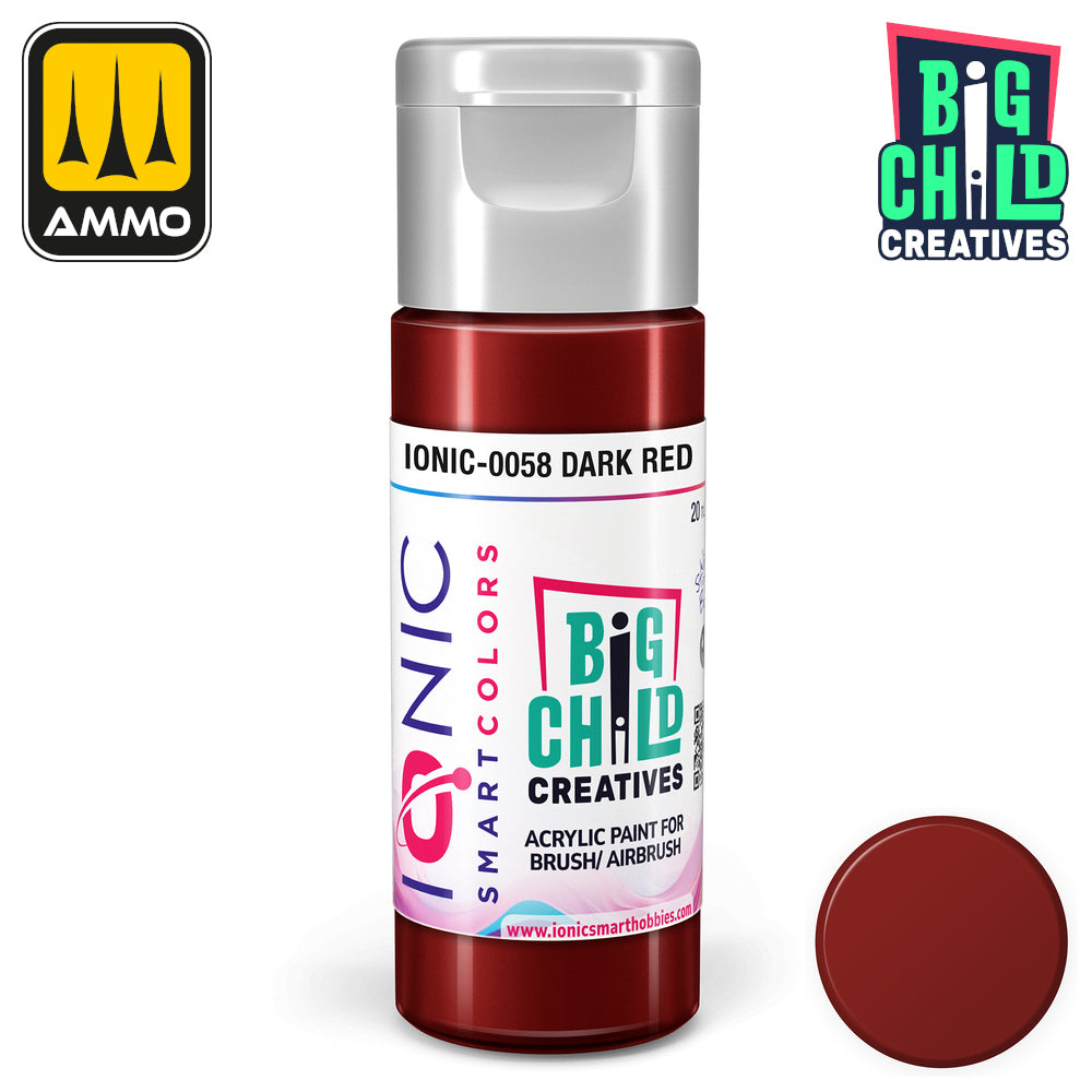Dark red acrylic paint bottle labeled "IONIC-0058 DARK RED" -  with a color swatch