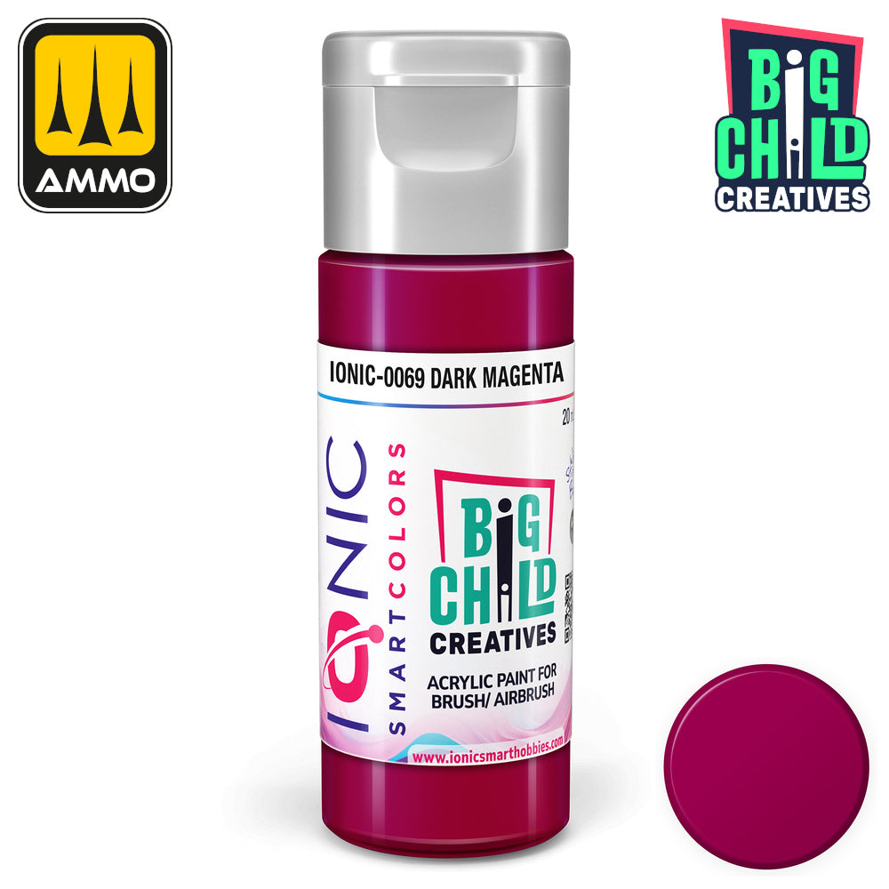 Dark magenta acrylic paint bottle -  labeled 'Ionic-0069 Dark Magenta' by Ionic Smart Colors -  with a color swatch