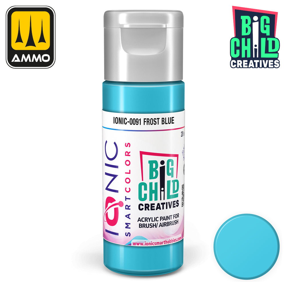 IONIC Smart Colors 'Frost Blue' acrylic paint bottle with a gray cap and a matching blue swatch