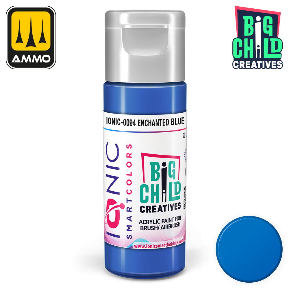 Blue acrylic paint bottle labeled "IONIC-0094 Enchanted Blue" -  next to a matching color swatch