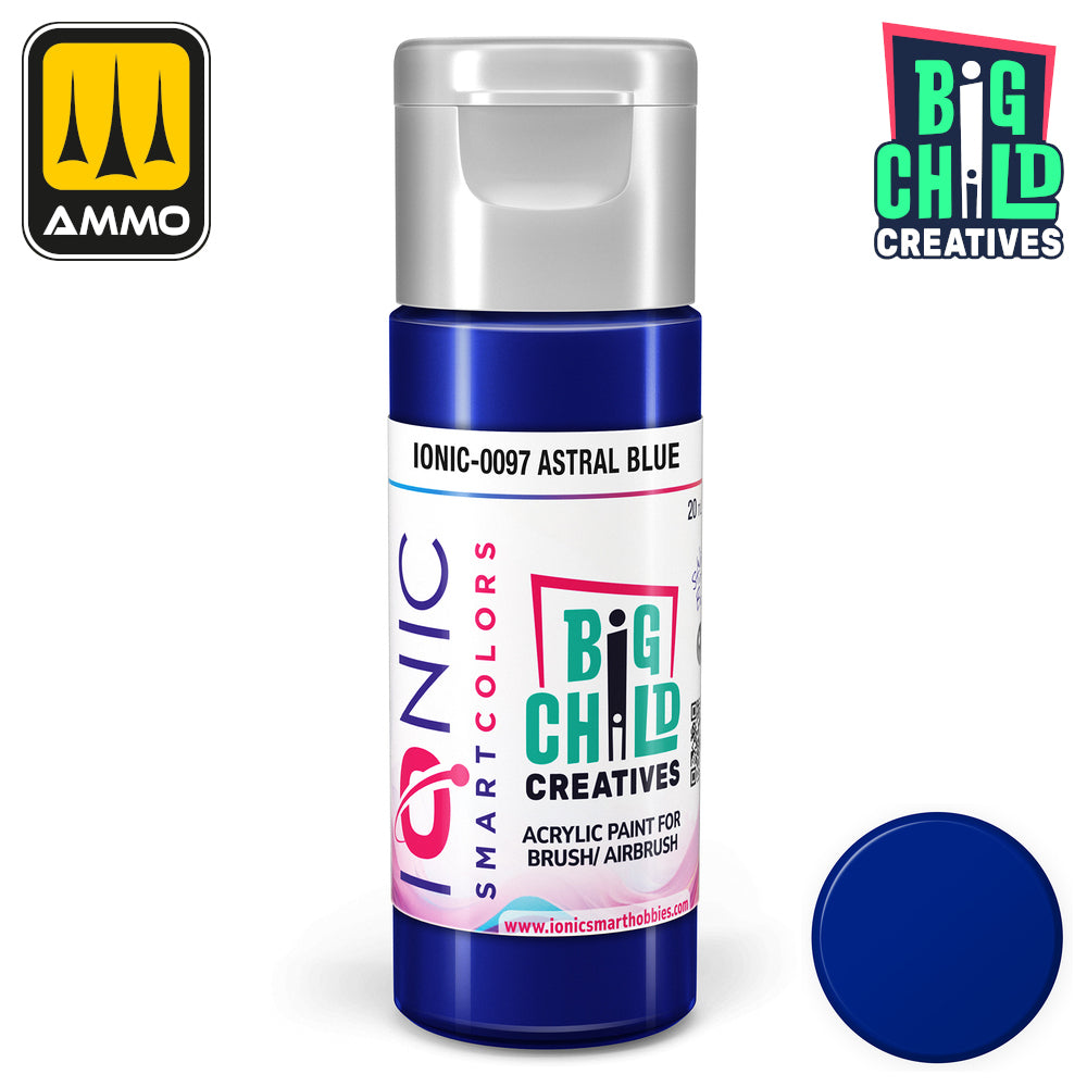 IONIC Smart Colors Astral Blue acrylic paint bottle by Big Child Creatives -  for brush/airbrush -  with a matching swatch