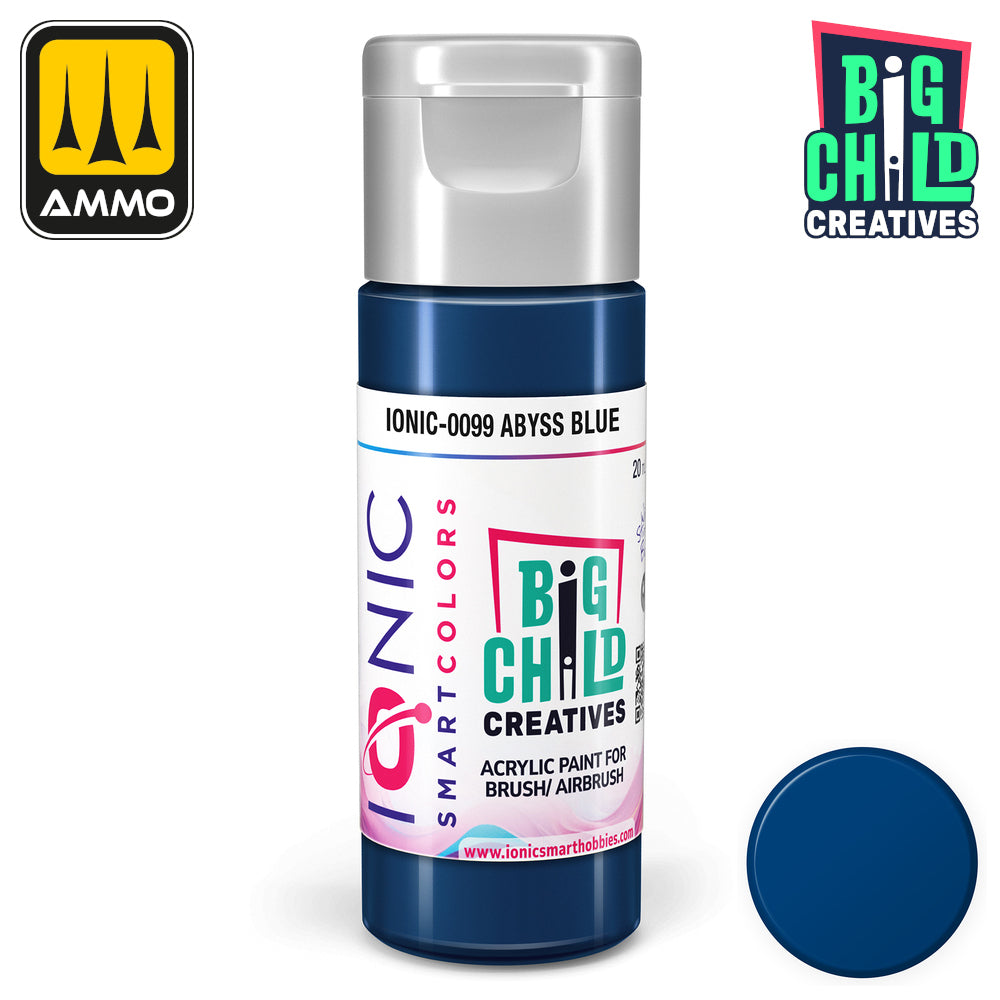 IONIC Smartcolors Abyss Blue acrylic paint bottle with silver cap and round blue swatch