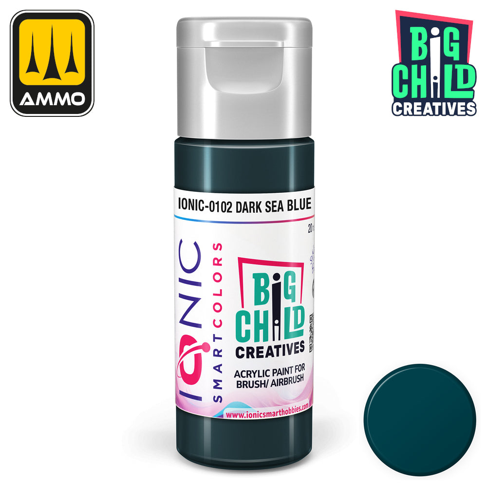 A bottle of dark sea blue acrylic paint -  labeled "IONIC-0102 Dark Sea Blue" -  with a color swatch
