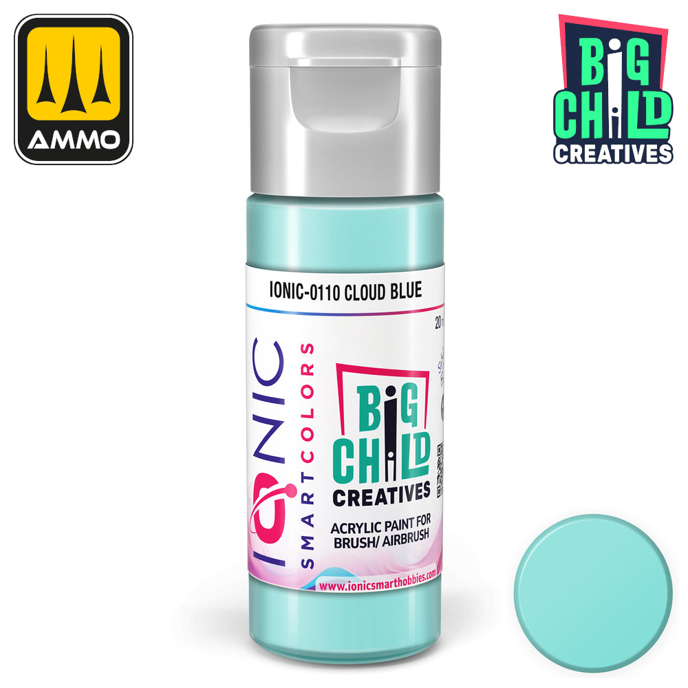 Cloud Blue acrylic paint bottle -  with a silver cap and matching color swatch
