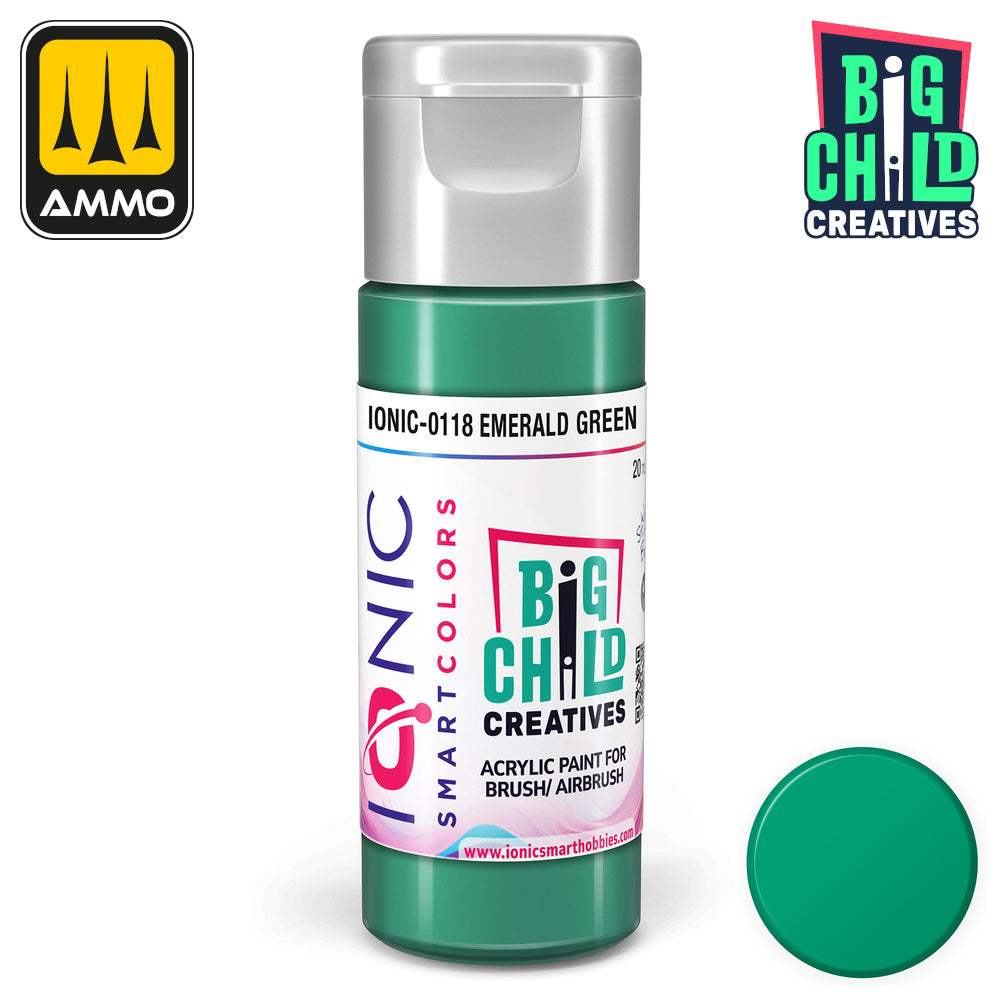 Emerald Green IONIC SMART COLORS acrylic paint bottle with a silver cap and matching circular color swatch