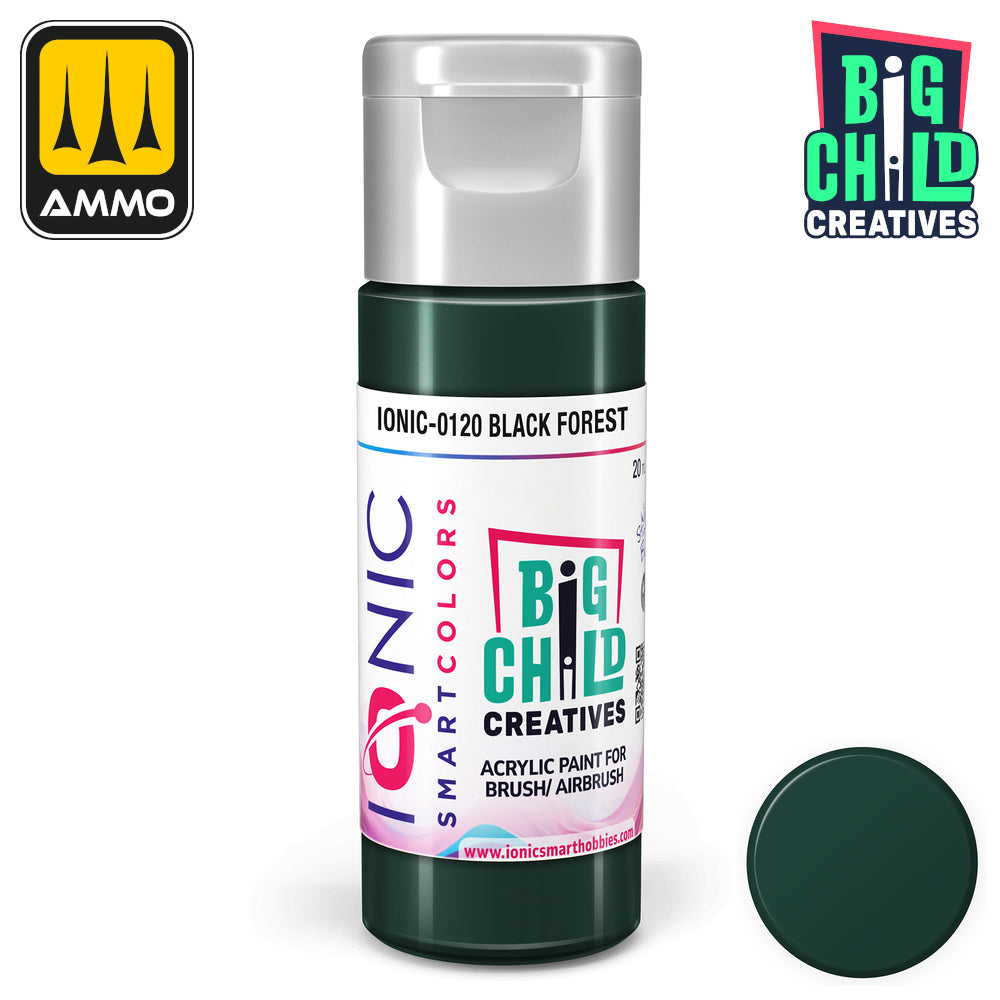 Dark green IONIC 'Black Forest' acrylic paint bottle with a silver cap and a matching circular color swatch