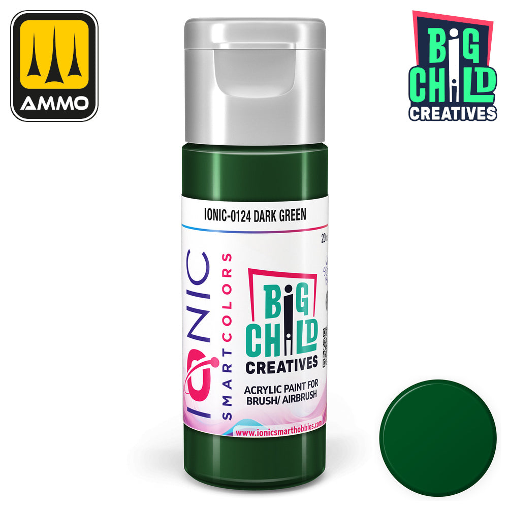 Dark green bottle of IONIC Smart Colors acrylic paint labeled 'IONIC-0124 Dark Green' -  with a matching swatch