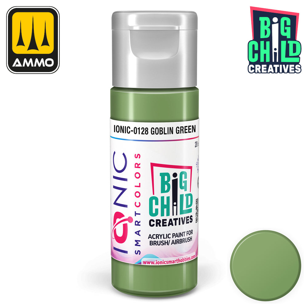 A bottle of green acrylic paint -  labeled "Goblin Green" -  with a color swatch