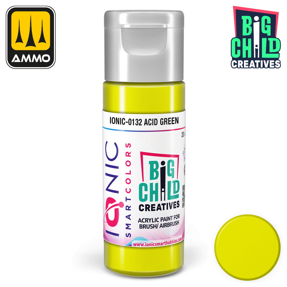 A bottle of Ionic Smart Colors ACID GREEN acrylic paint -  with a color swatch and AMMO & Big Child Creatives logos