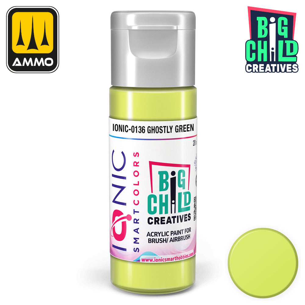 Bottle of IONIC Smart Colors 'Ghostly Green' (lime green) acrylic paint -  with swatch