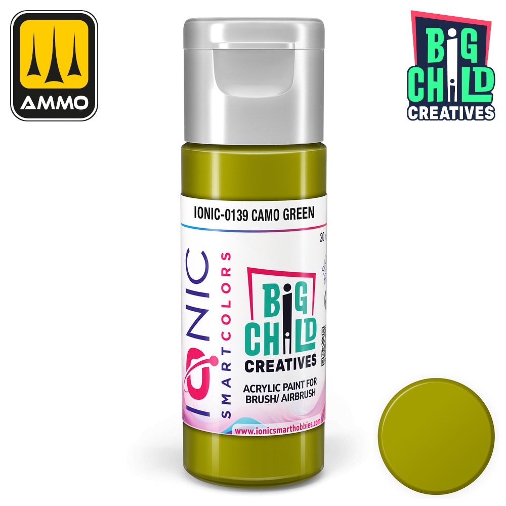 Ionic Smart Colors Camo Green acrylic paint bottle for brush/airbrush -  beside a matching color swatch