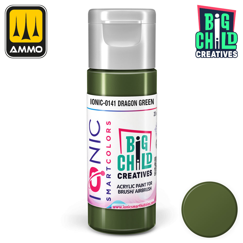 Dragon Green acrylic model paint bottle by Ionic Smart Colors -  with a matching color swatch